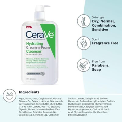 CeraVe Cleanser منظف رغوي مريح غير جاف ولطيف على البشرة. مناسب لأنواع البشرة العادية إلى الجافة ، تمنح هذه التركيبة فوائد شطف البشرة دون تجفيفها.